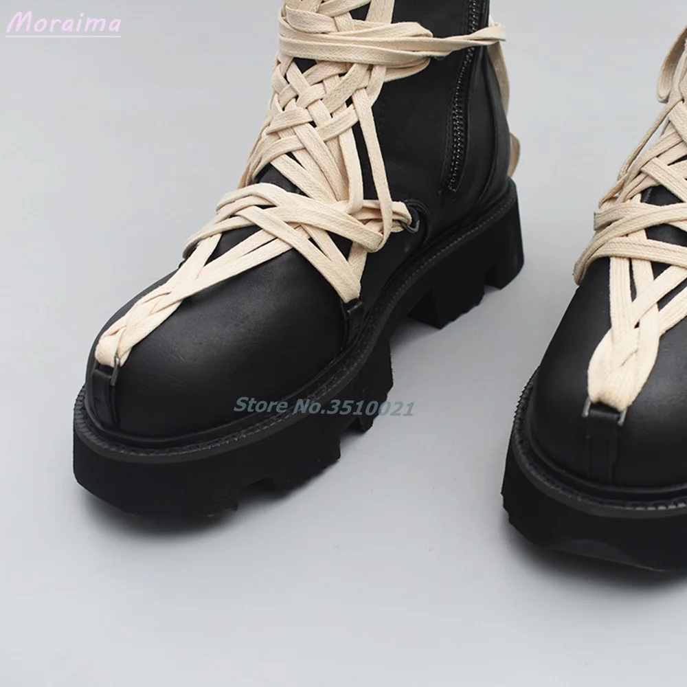 Lace-Up Round Toe Cool Boots Mid-Calf Leather Cross Strap Side Zipper Black Zipper British Style Casual Women Shoes Fashion New