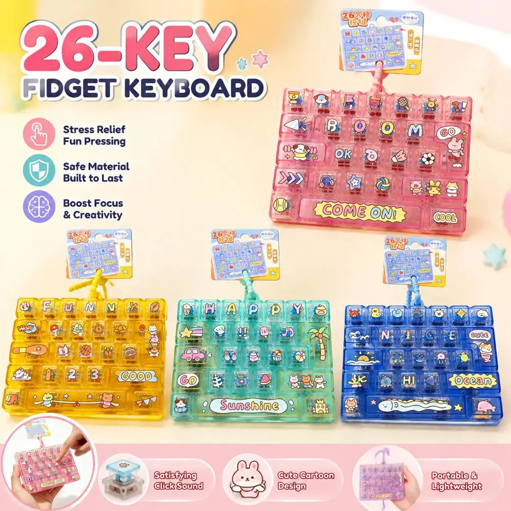 Mechanical Keyboard Keychain Fidget Toy 26 Key Stress Relief Clicker Squeeze Button EDC Autism ADHD Sensory Kids Adults Gifts