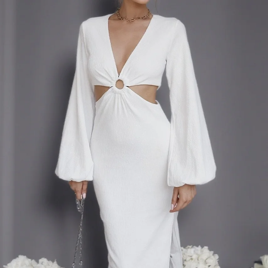 Sexy évider v-ne gilet moulante Dr pour anniversaire Par lumière Maturi Sle longue Sve lanterne Sve robe