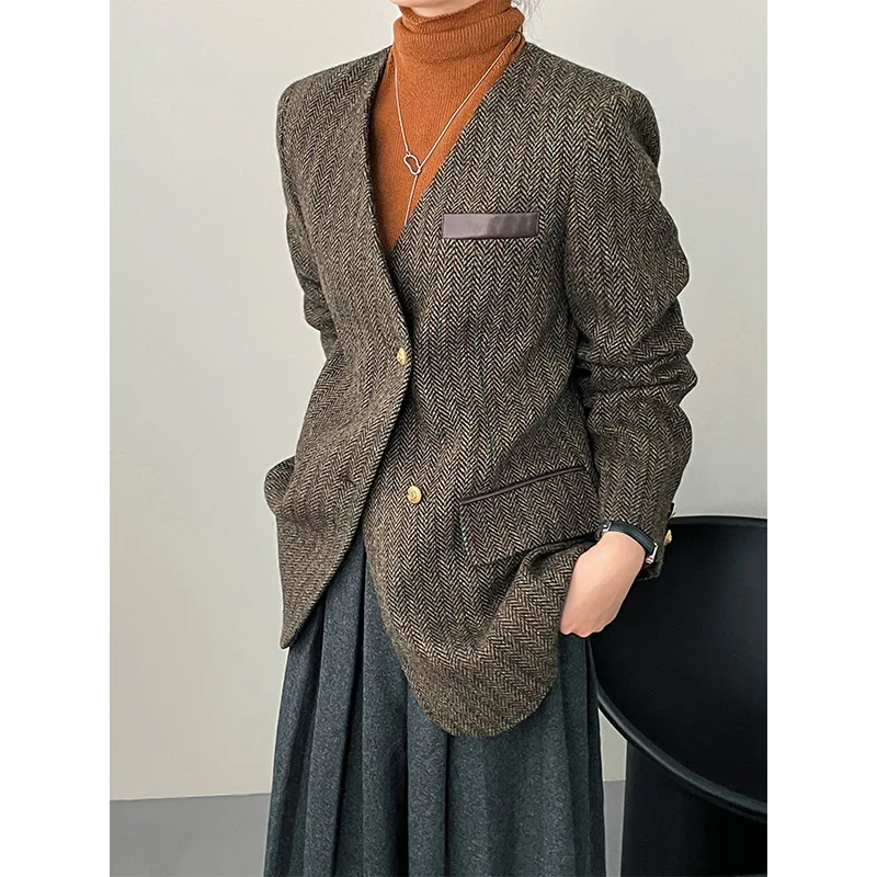 High-end visgraatpatroon blazer dameskleding herfst/winter V-hals Koreaanse mode commuter losse wollen jasje dames top