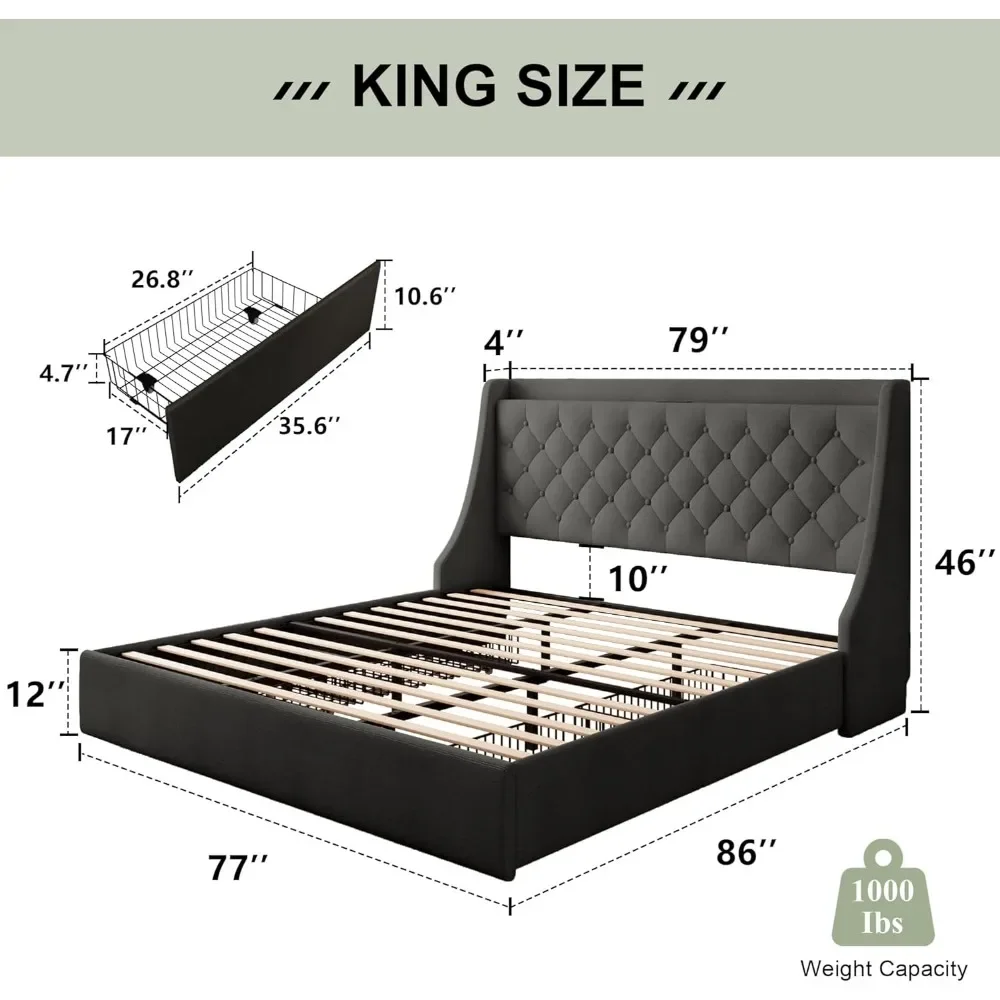 Upholstered King Size Bed Frame with 4 Storage Drawers, Storage Bed with Charging Station|