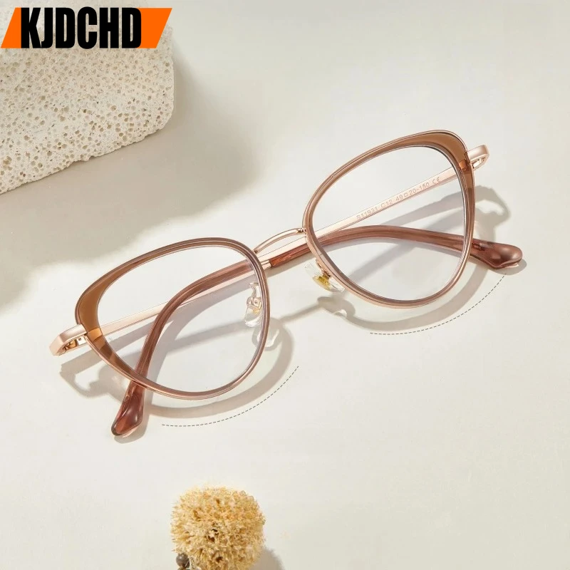 

KJDCHD New Trendy Alloy TR90 Eyewear Retro Ultra-light Optical Prescription Cat Eye Eyeglasses frames For Women