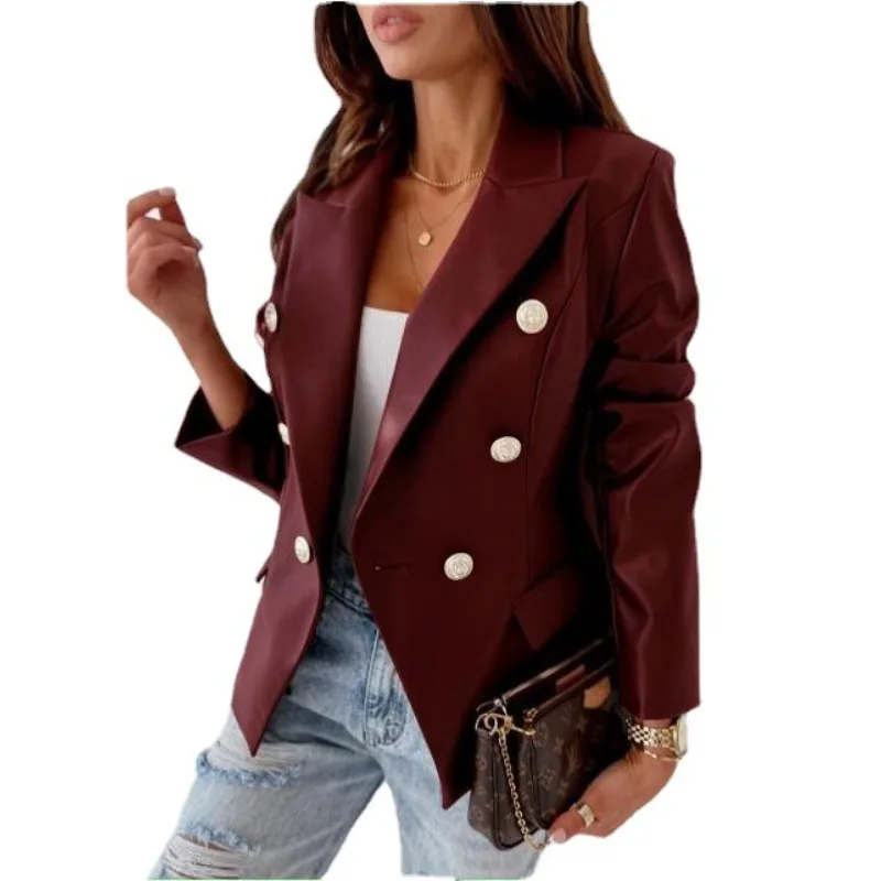 Autumn and Winter Women\'s Solid Color Long Sleeve Double Breasted Loose Leather Suit Coat Fashion Casual Formal Office Lady Tops