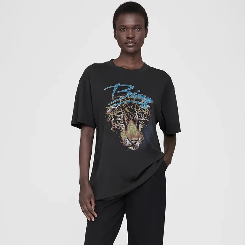 

Summer New Street Sle Women's T-irt ort Sve Digital Print Tiger Head White Ink Wa Loose Fit Cotton Tee