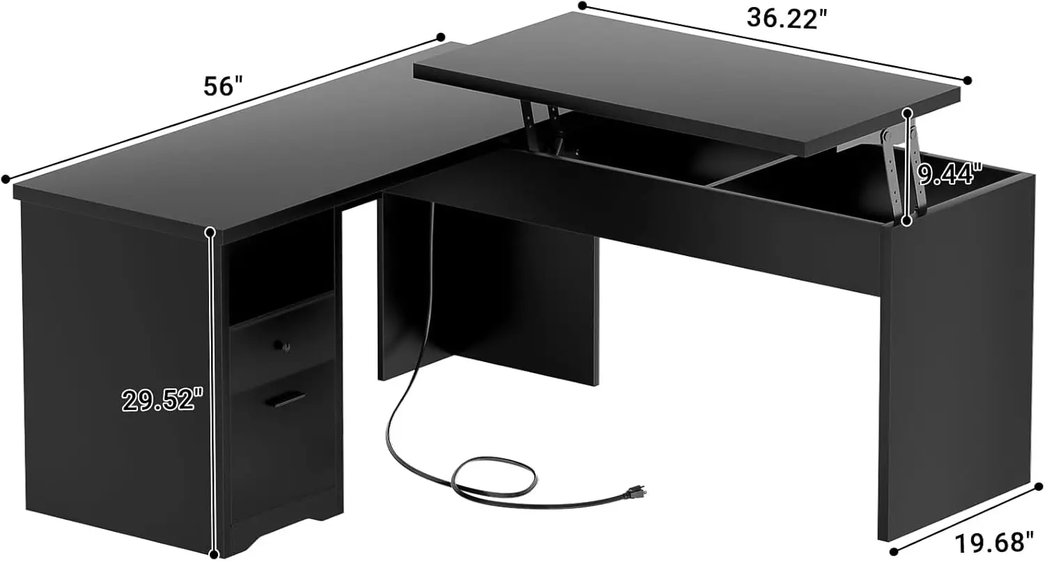 Mesa em forma de L com elevador e gaveta, mesa grande, Tomadas e portas de carregamento USB