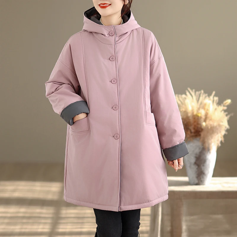 Thiened algodão jaet outerwear casual com capuz dupla face usar comprimento médio cor pura feminino commute sle roupas