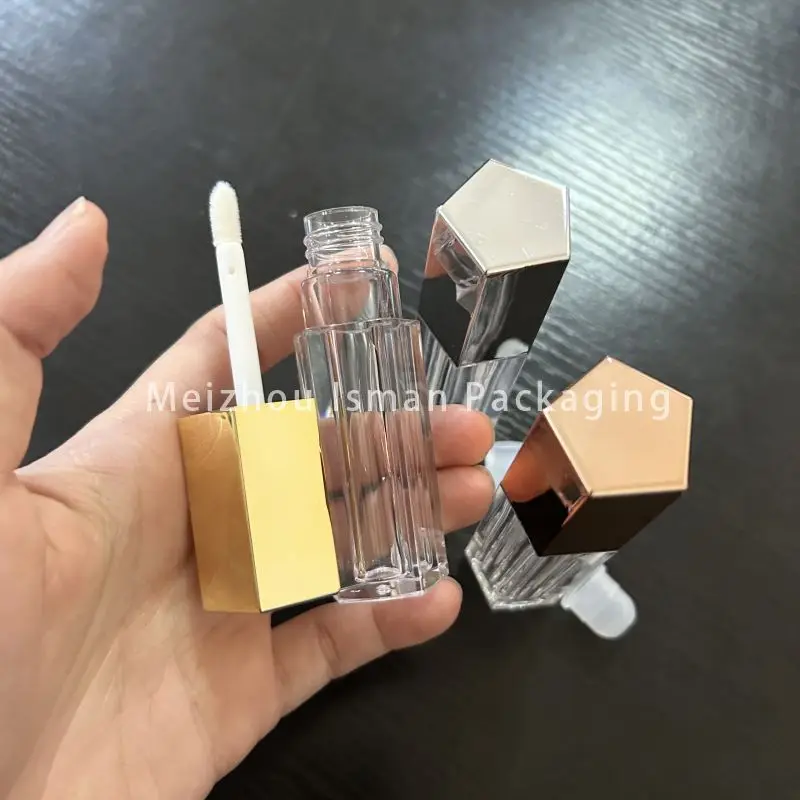 50 Uds. Tubo cosmético de embalaje esmaltado de labios transparente de oro rosa único botella contenedor de brillo de labios vacío con cepillo 5ml