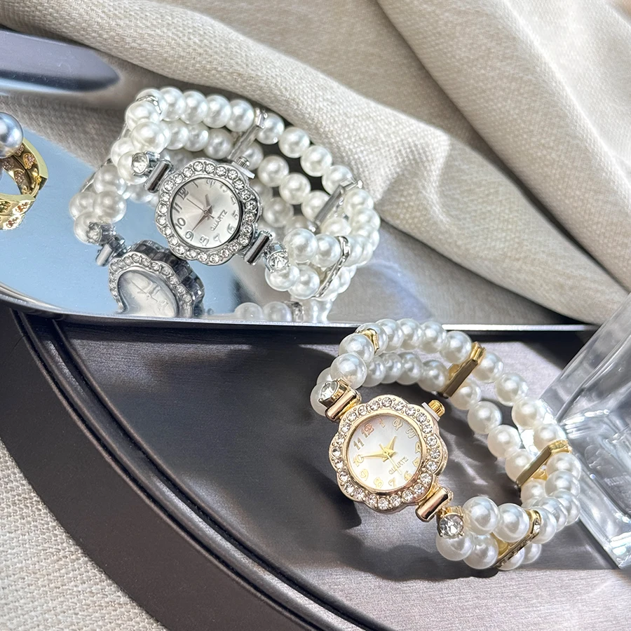 New Elegant Pearl Diamond-Encrusted Elastic Band Watch Vintage Luxury Bracelet Style Convenient for Ladies Quartz Wristwatch image 3