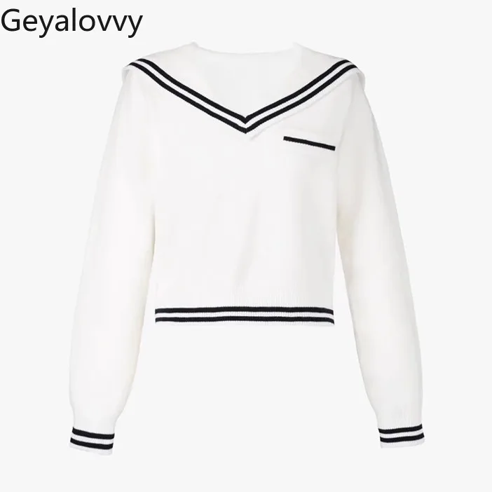 Japanese Sweet Navy Collar College Style Color Matching Pullover Outer Wear Long-sleeved Women's Versatile White Knitted Sweater