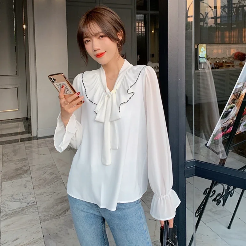 Women Chiffon Blouses White Fashion Casual Long Sleeve Black Blusas Mujer Bow Neck Office Ladies Ruffles Puff Sleeve Tops Shirts