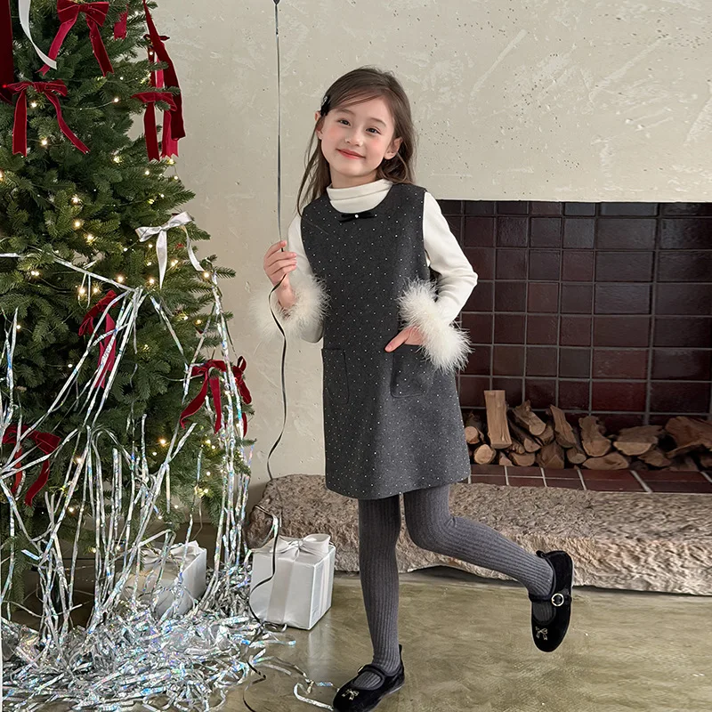 New Style with Retro Filter Bow Solid Color Dress A line Version Polka Dot Vest Skirt