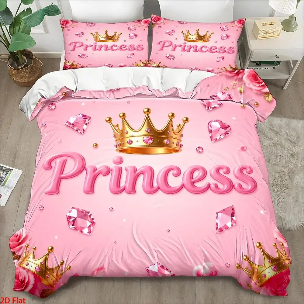 Princess Style Pink Crown Diamond Quilt Cover Set 3Pc Double Bed Bedding Set Machine Washable Polyester Duvet Cover