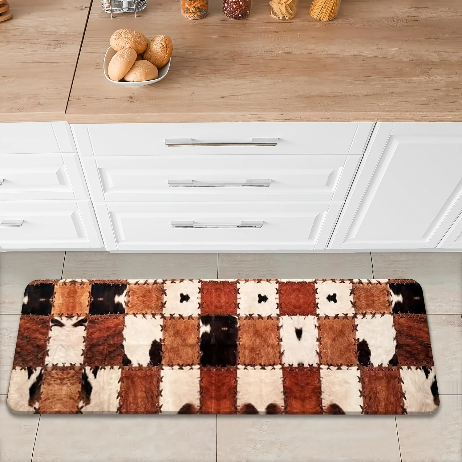 Rustic Cowhide Patchwork Brown Beige Print Floor Runner Non-Slip Decorative Kitchen Carpet for Farmhouse Home Sink Area