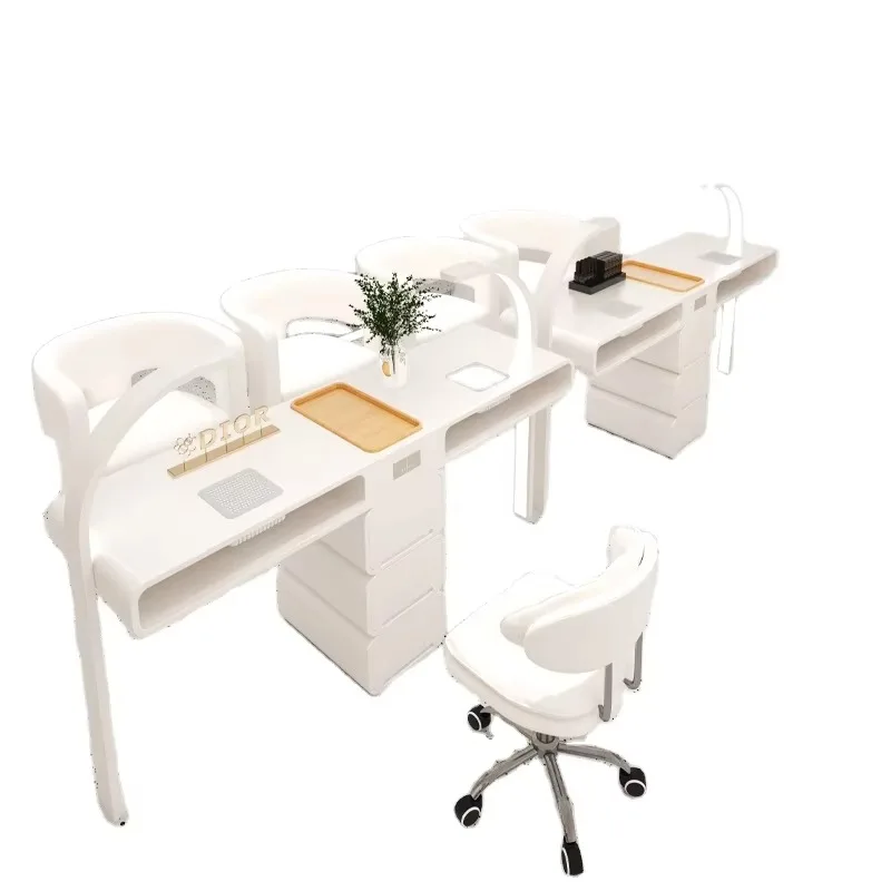 Double Station Nail Table, Marble Top Manicure Desk with Integrated Dust Collector, Professional Beauty Salon Furniture Set