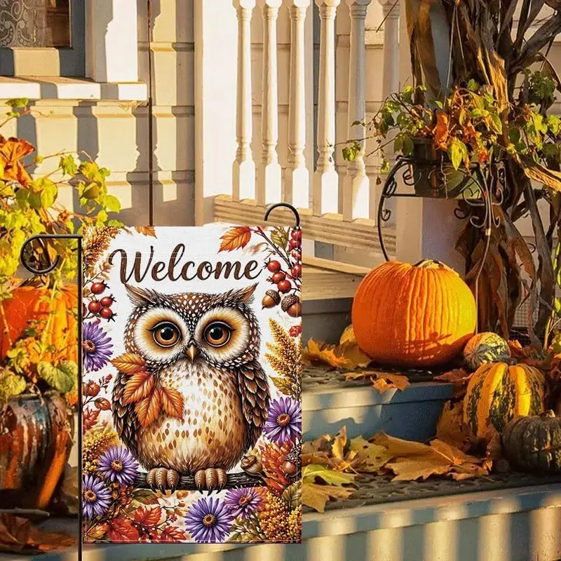 Garden Flag 12x18 Inch, Welcome Owl Garden Flag, Autumn Fall Outdoor Decorative Flag with Colorful Leaves and Flowers Double yyi