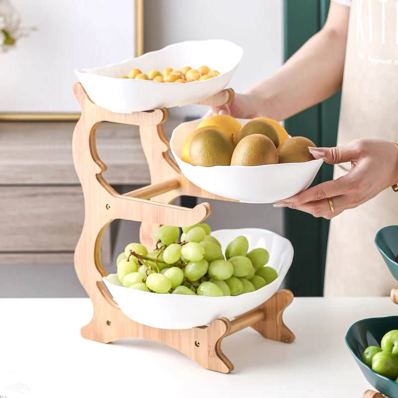 

3-layer creative European ceramic bamboo and wood display stand household dried fruit plate fruit bowl boat-shaped ceramic