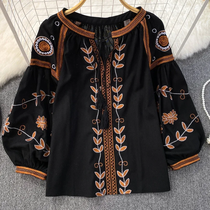 TEELYNN Vintage Long Sleeve Blouses Shirts Women Tops Casual Cotton Linen Floral Embroidery Loose Blouse Summer Boho Beach Blusa