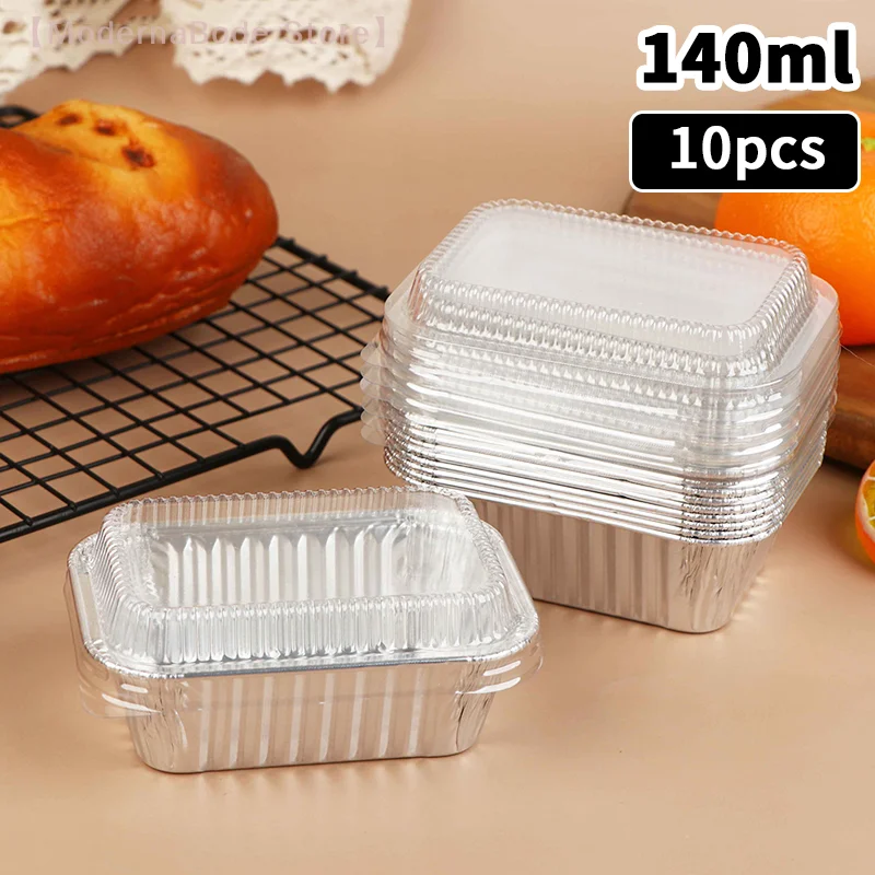 【M】 10 Uds. Sartenes rectangulares desechables de papel de aluminio para hornear con tapas para pasteles, Muffins, pan, almacenamiento de alimentos, contenedores para llevar