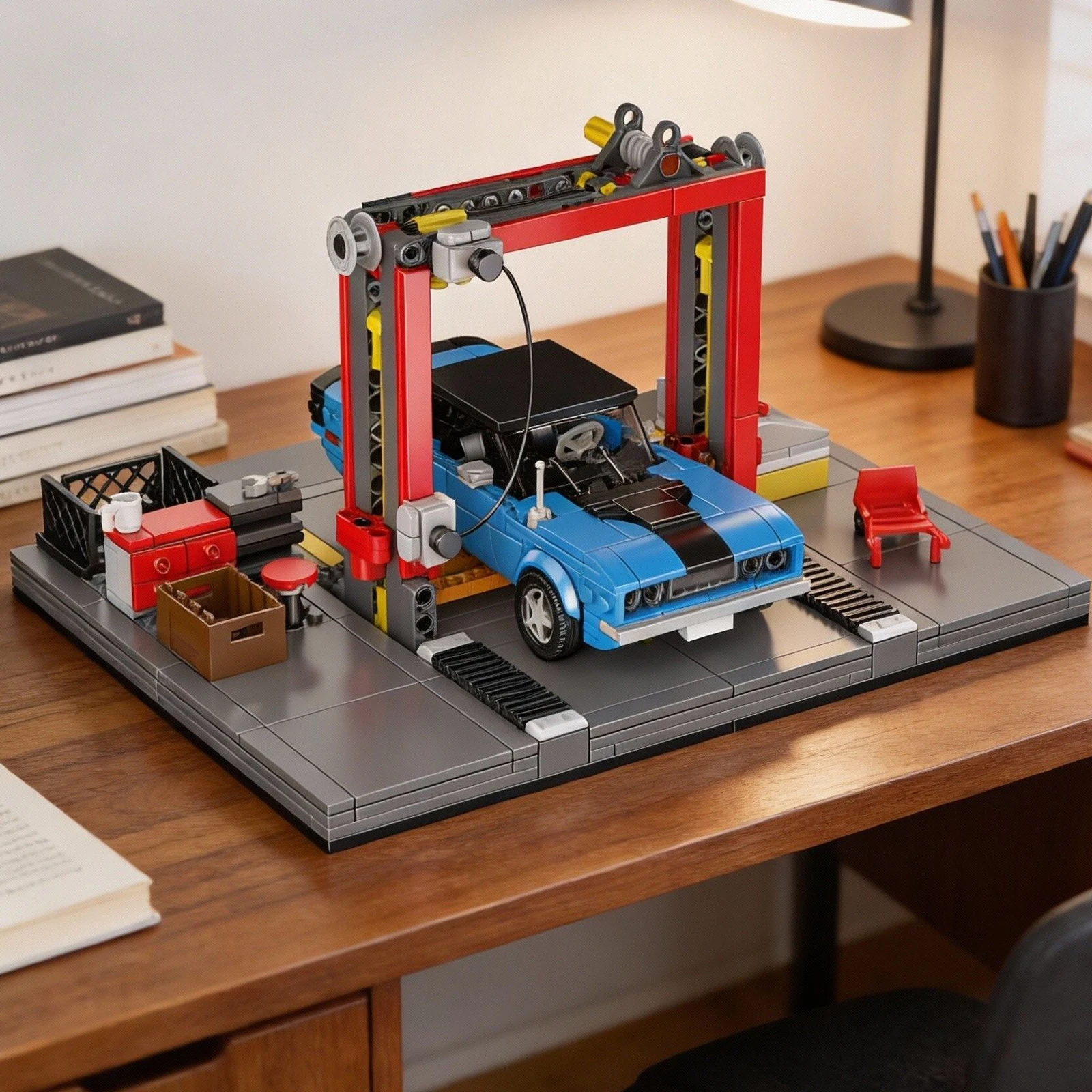 Mould King 24086 Repair Garage & Challenger Muscle Car Building Blocks Mini World Series Model Room Ornaments Boys Toys Gifts