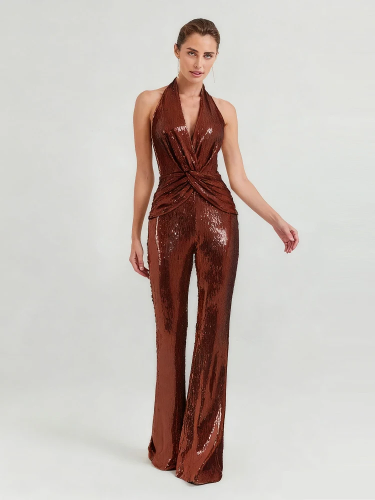 Women's Sleeveless Brown Sequin Jumpsuit Sexy Halter Neck Sparkle Sequined High Waist Wide Leg Pants Jumpsuit Celebrity Party