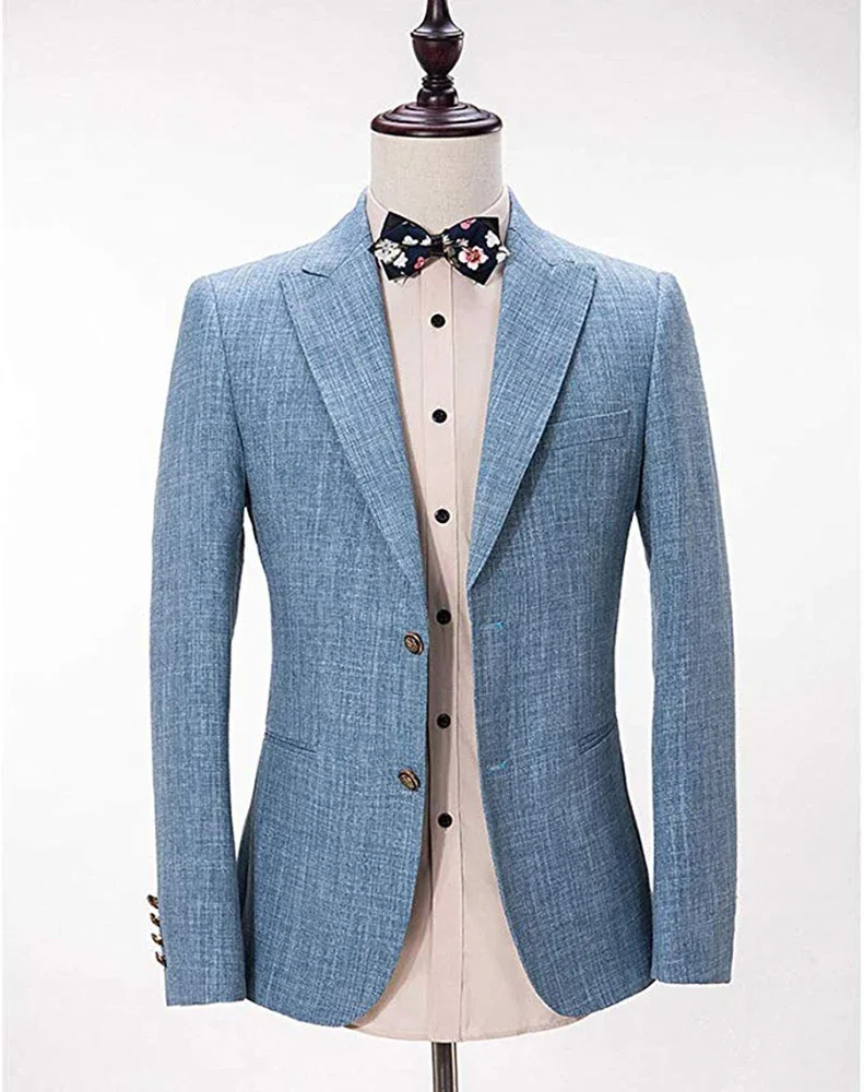 New Design Light Blue Linen Suit for Men 3 Pieces Formal Wedding Prom Set Slim Fit Jacket Best Man Tuxedos Costume Homme Suit