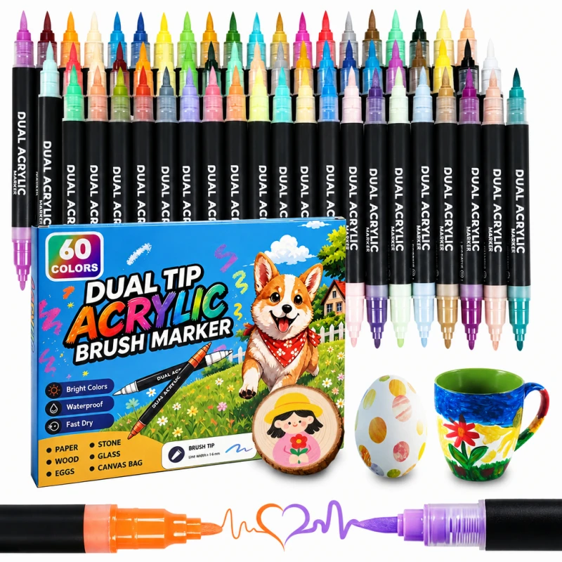 24-60 Colors Acrylic Paint Markers Set Paint Pens Soft Brush Tip for DIY Craft Wood Fabric Glass Canvas Rock Painting Balloons