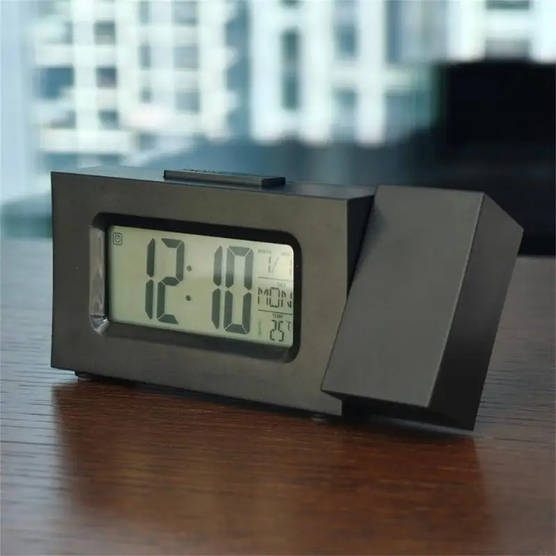 Bedroom Alarm Clock with Projection Time View and Indoor Temperature Display, Battery Operated Clock with LCD Backlit Y5GB