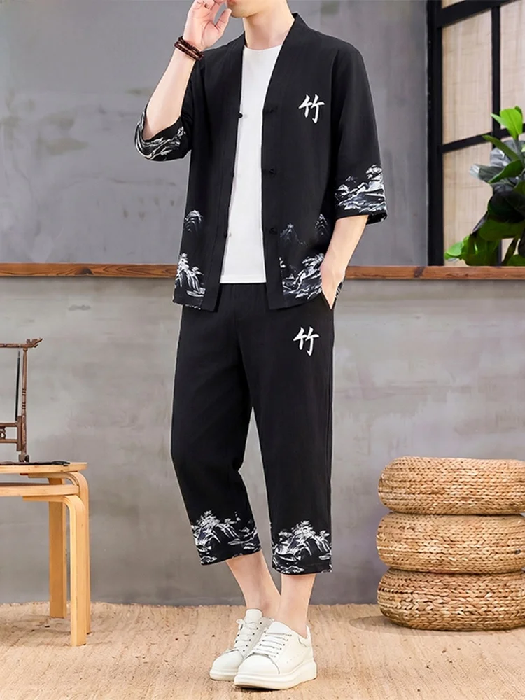 new-chinese-style-seven-quarter-sleeve-open-cardigan-set-men's-summer-thin-casual-fashionable-leisure-set-youth-casual-wear