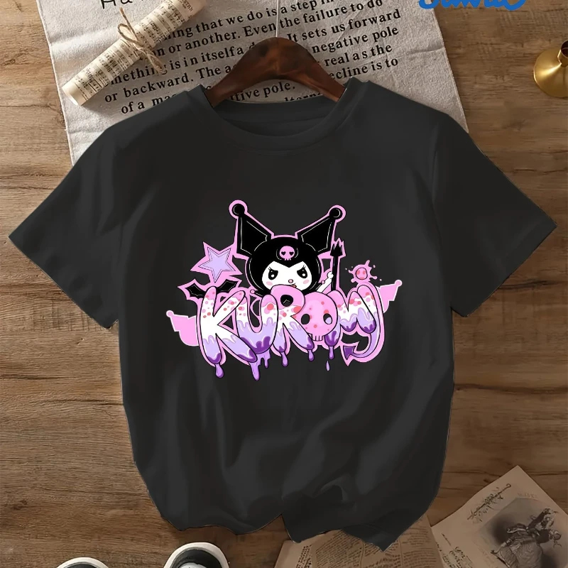 تي شيرت نسائي من Sanrio بنمط الرسوم المتحركة Kuromi - تي شيرت لطيف كاواي صيفي من القطن الخالص كاجوال مريح فضفاض بأكمام قصيرة #1