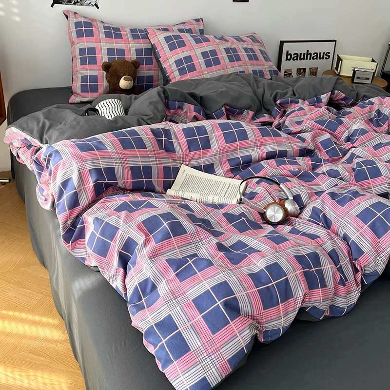 4Pcs Soft Geometric Printing Bedding Set High-Quality Naked Bedclothes for Single Dyed Quilt Cover Fitted Sheet with Pillowcase