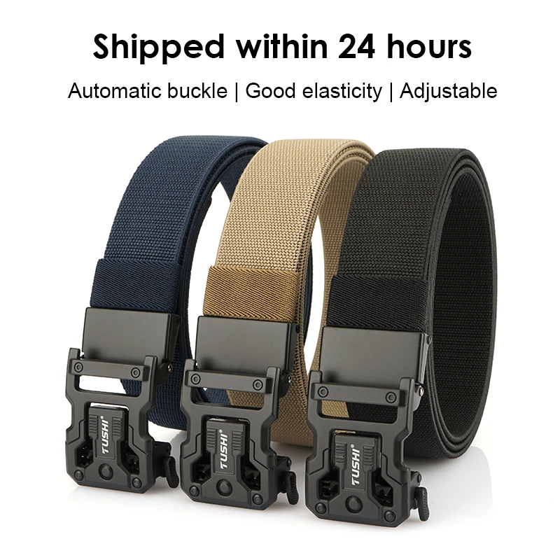 HSSEE New 35mm Elastic Belt for Men Zinc Alloy Automatic Buckle Casual Belt Soft Sturdy Nylon Stretch Jeans Waistband Male Strap