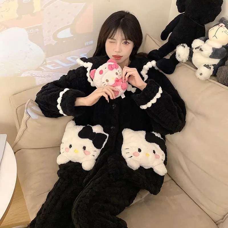 Hot Sanrio Hellokitty Pajamas Cotton Coat Sweet Girl Autumn Winter Thickened Thermal Clothing Tops Casual Clothing Home Clothing