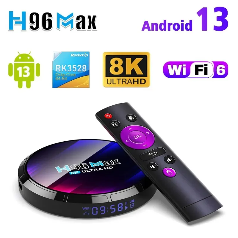 H96MAX RK3528 Android TV Box Suporte 2.4G/5.8G WiFi6 BT5.0 4K Vídeo Android 13.0 Box Set Top TV Box Decodificar e Play 8K 24Fps