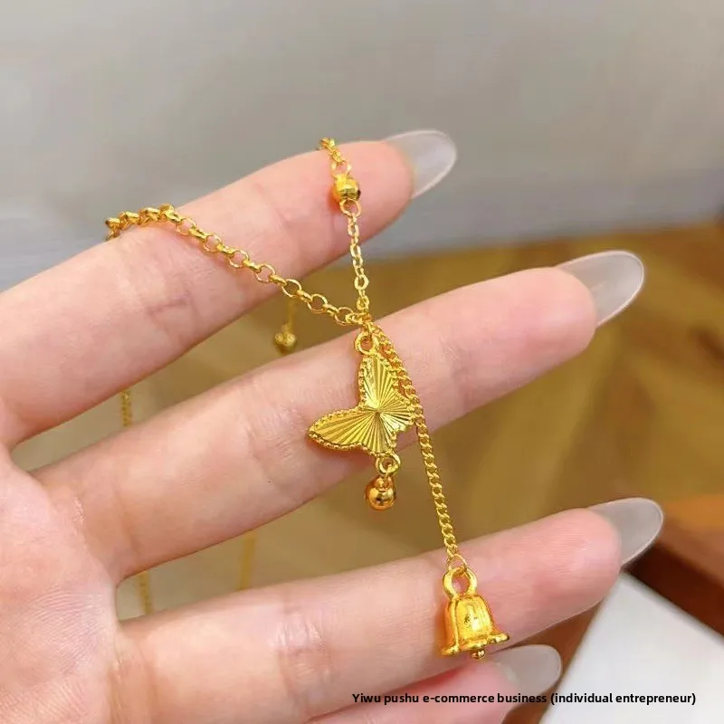 Chinese Style Auspicious Lucky Sand Gold Laser Three Butterfly Pendant Necklace For Women Minimalist Fashion Good Fortune Blessi