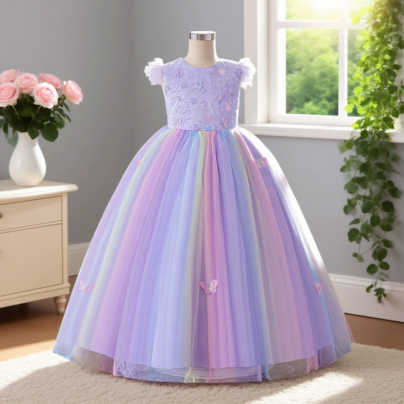 

Girls purple floral print design suitable for prom birthday party piano concert wedding flower girl