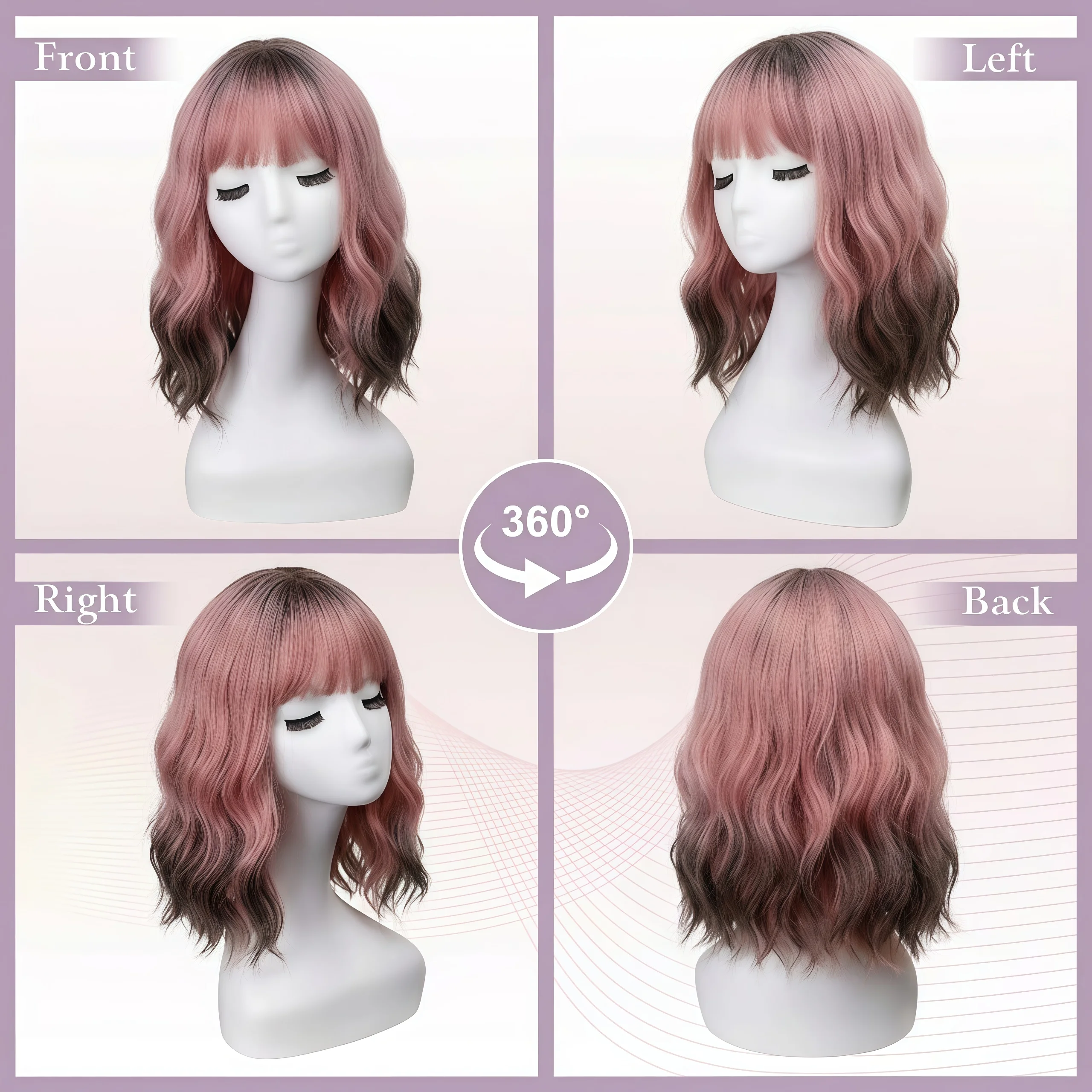 Short gradual change pink Qi bangs wig 12 inch wavy curl Bobo head women's wig, shoulder length natural shape, daily party role-