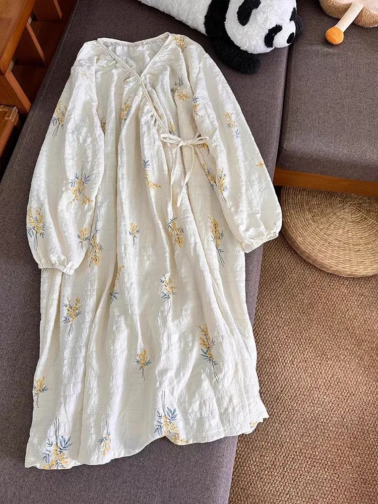 

Новая стильная ночная рубашка для женщин, весенне-осенняя тонкая ночная рубашка на шнуровке в горошек с длинными рукавами, свободная домашняя одежда для беременных, нижнее белье