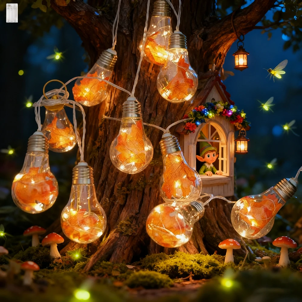 1pc Maple Leaf Copper Wire Bulbs String Christmas Lights, 10 Bulbs  Battery Operated  Warm White Clear Round Ball LED Lights