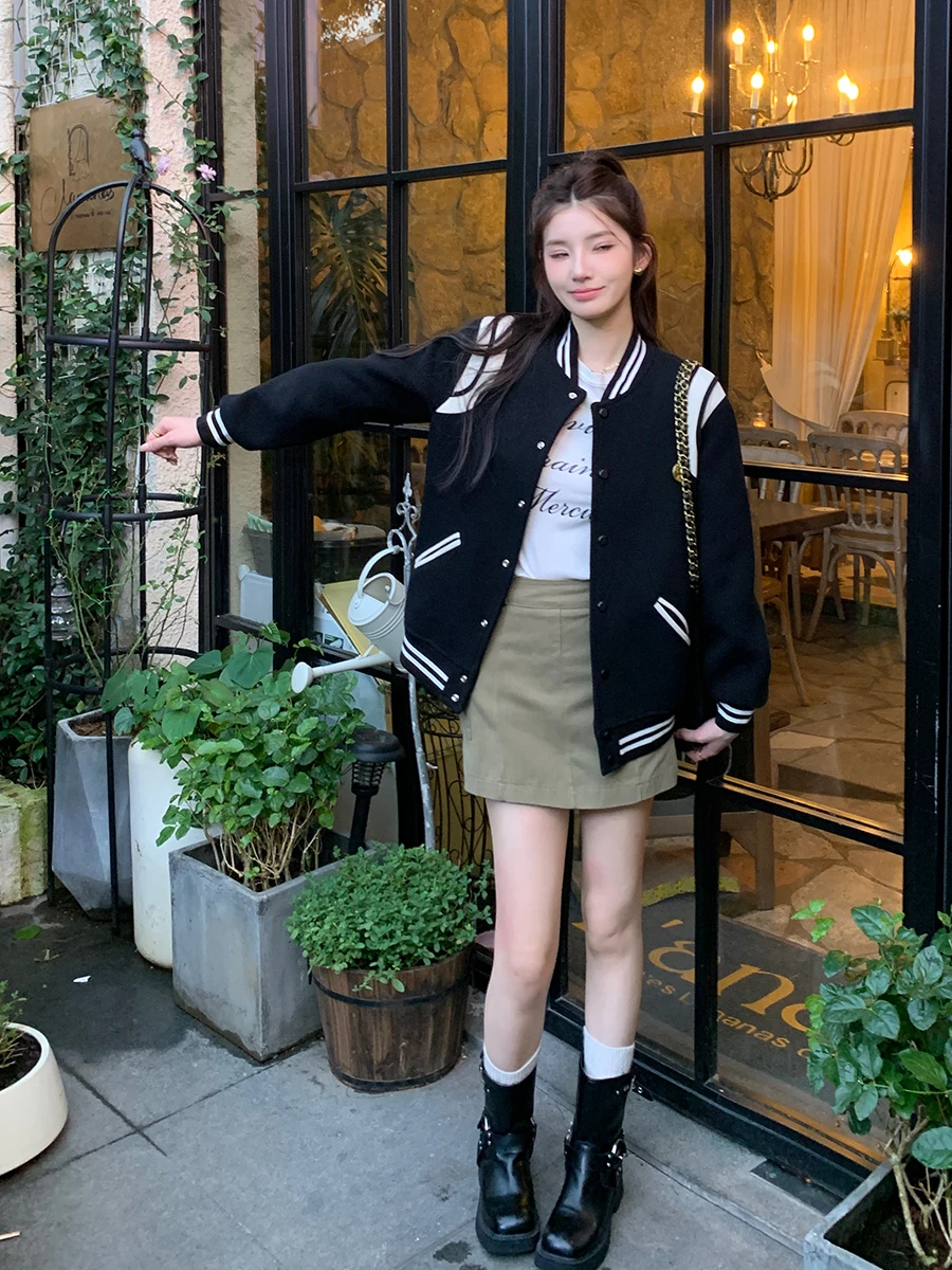 高級ウールベースボールジャケット 本革アウター レディースコート ニュートラルスタイル カジュアル スイートスタイル ラウンドネック 冬コート