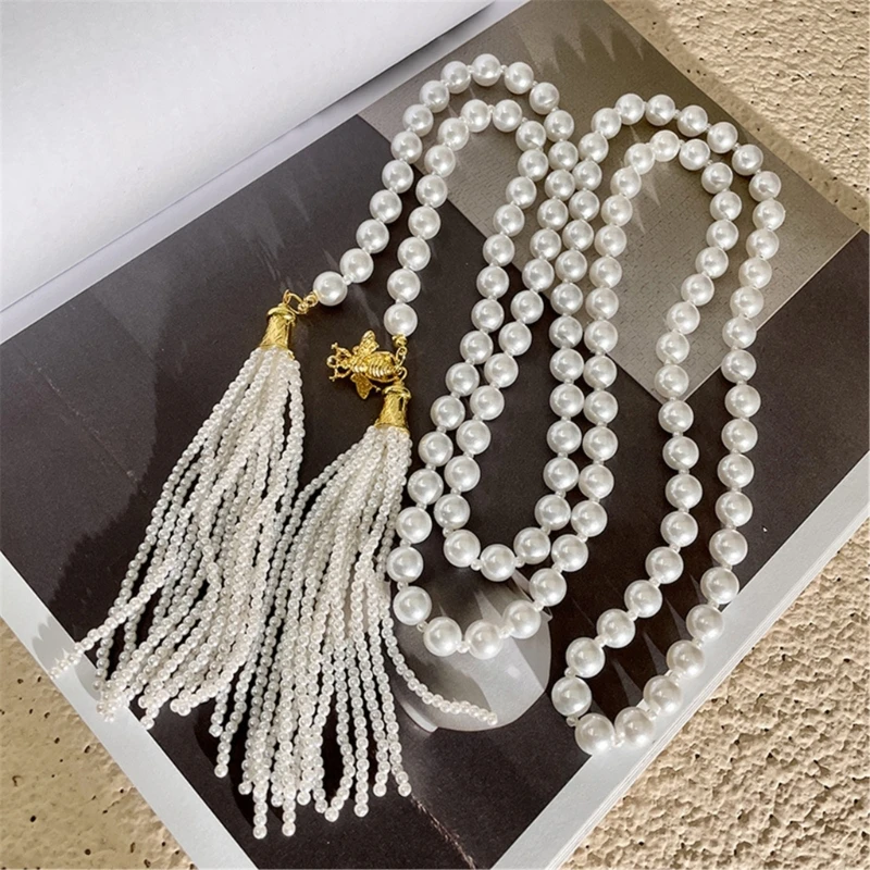 Imitation Pearls Necklace with Flowing Fringes Sweater Chain and Waist Chain Fashionable Jewelry for Everyday Outfits