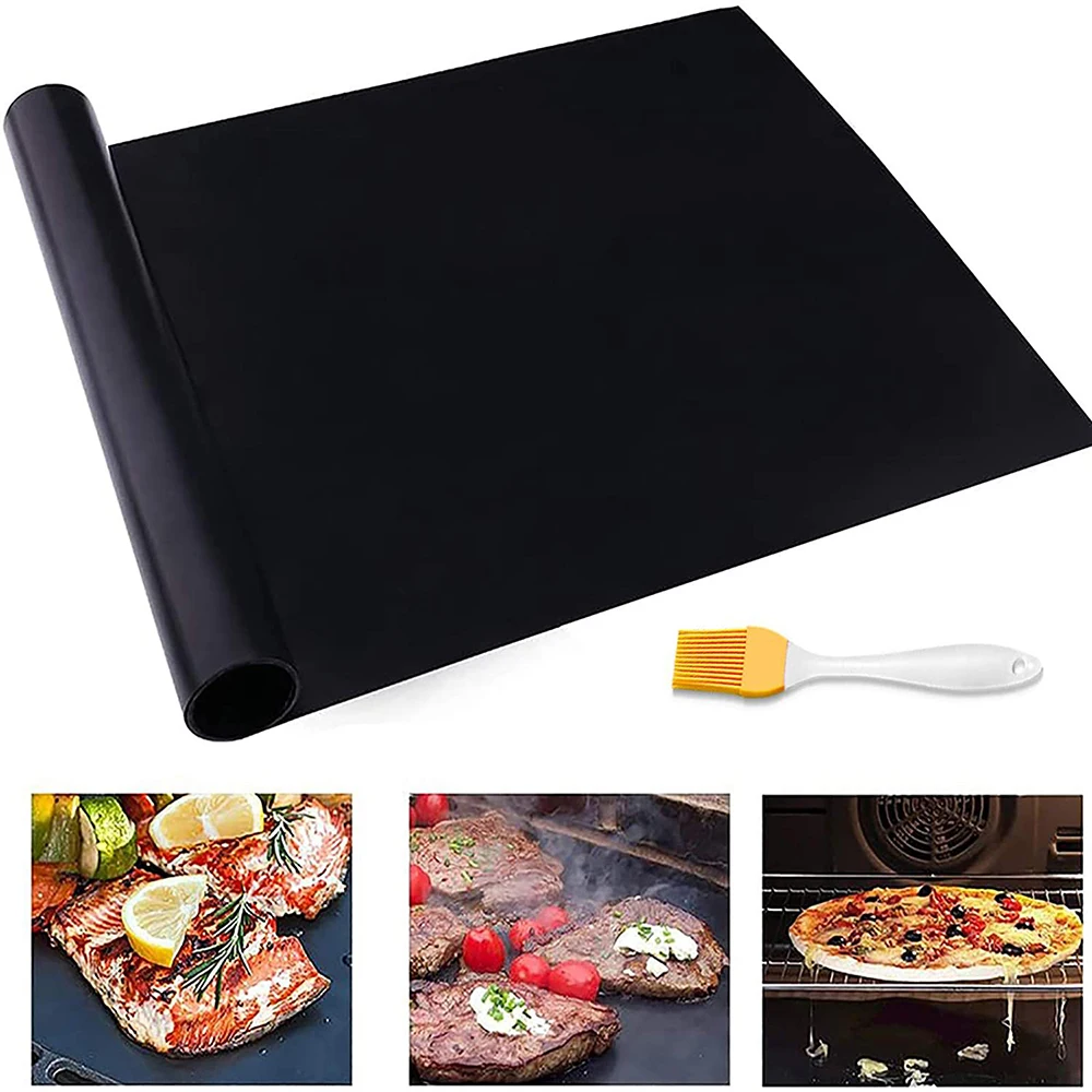 Non-stick BBQ Grill Mat 60*40cm With Oil Brush Baking Mat Cooking Grilling Sheet Heat Resistance Easily Cleaned Kitchen Tools