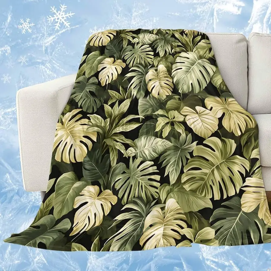 Tropical Green Leaf Throw Blanket Monstera Palm Tree Fleece Blanket for Couch Bed Holiday Theme Cozy Soft Throw Decor Warm Gift