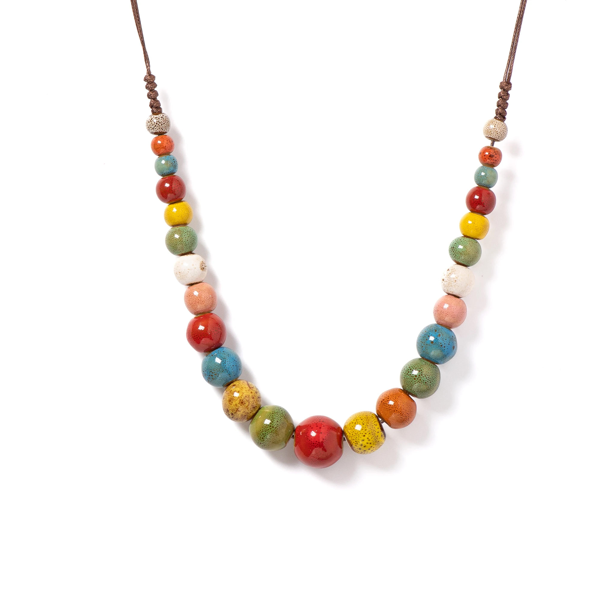 Multicolor Handmade Ceramic Necklace Adjustable 40-80cm, Bohemian Beaded Jewelry with 18mm Beads for Layering & Festivals 1128