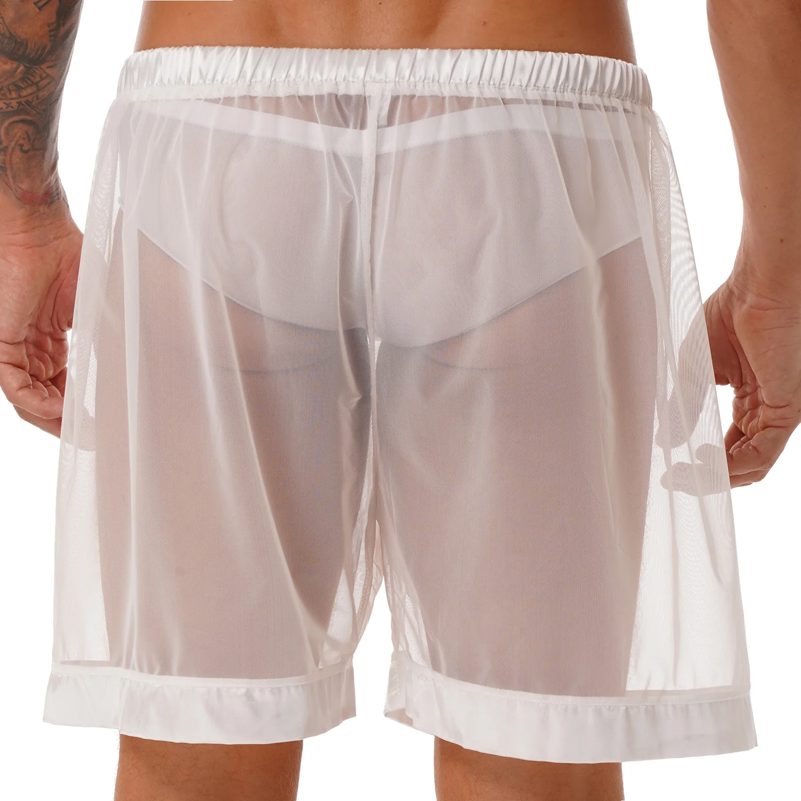 White Mens Clubwear Pure Color Elastic Waistband See-through Mesh Casual Shorts Sleeping Shorts Underwear