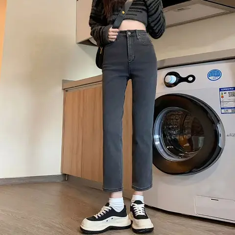 महिलाओं के लिए चारकोल ग्रे हाई-वेस्ट स्ट्रेट-लेग जींस, बहुमुखी स्लिमिंग शरद/शीतकालीन पैंट 8 best sales ग्रे पैंट - №7