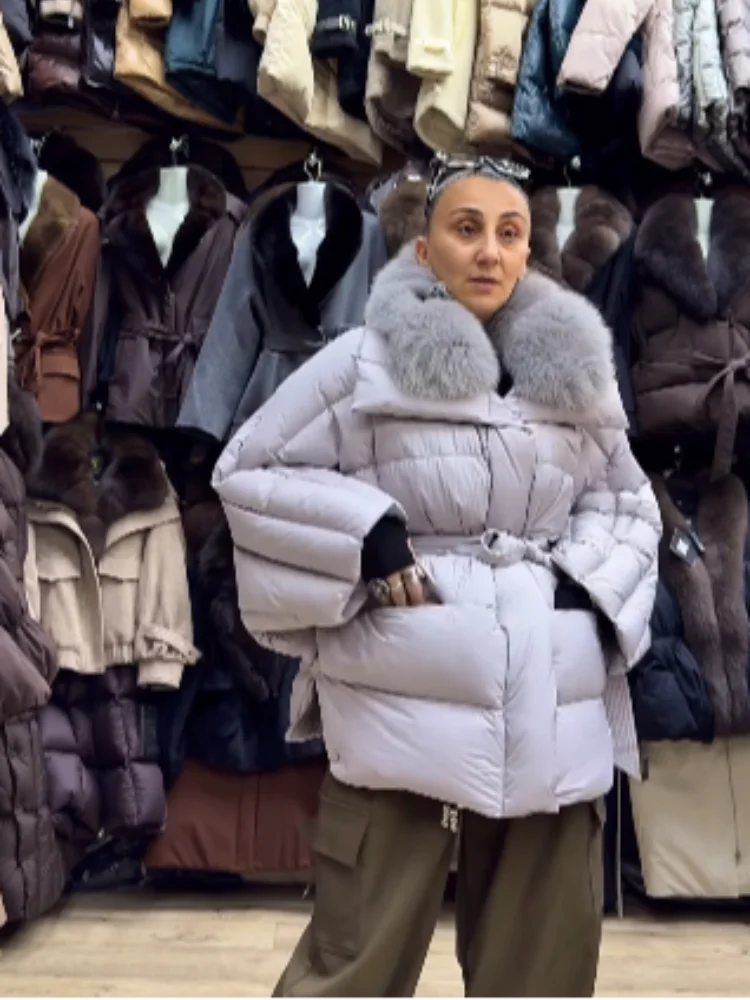 Women Large Faux Fur Collar Puffer Coat Batwing Sleeve Belted Waist Winter Quilted Jacket Loose Warm Oversized Lady Outerwear