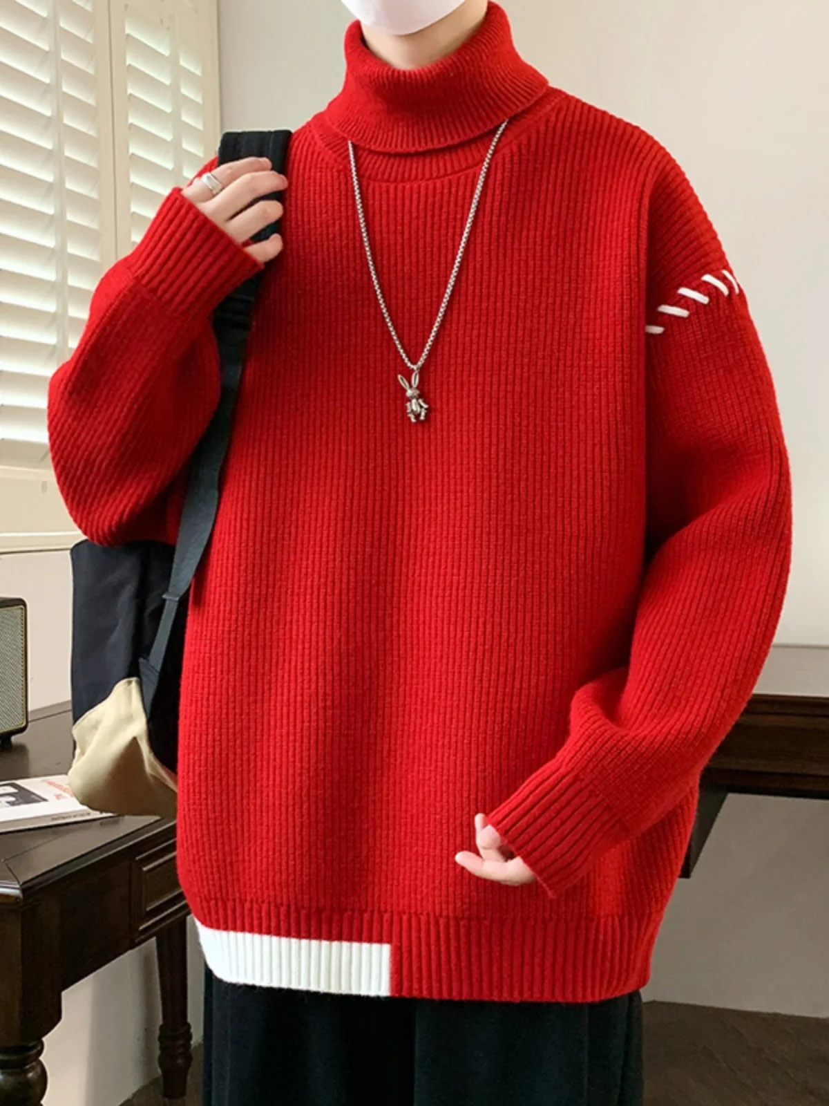 

Red High Collar Knitted Sweater for Men Spring Autumn Casual Sle Teenagers All Match Loose Fit Long Sve Striped Pattern