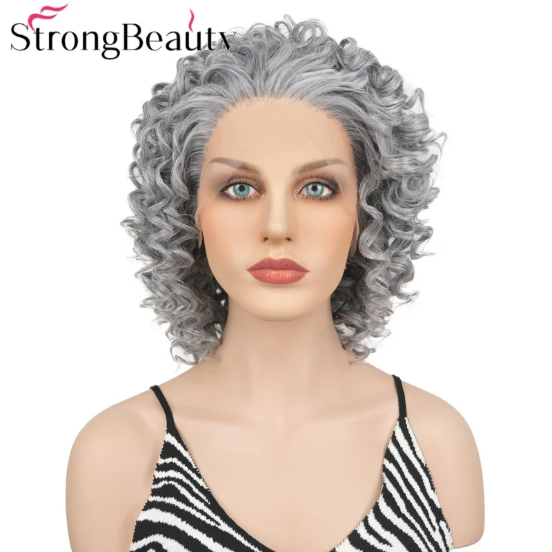 

StrongBeauty вьющийся парик спереди из синтетического серого цвета, женский термостойкий парик из волос для женщин