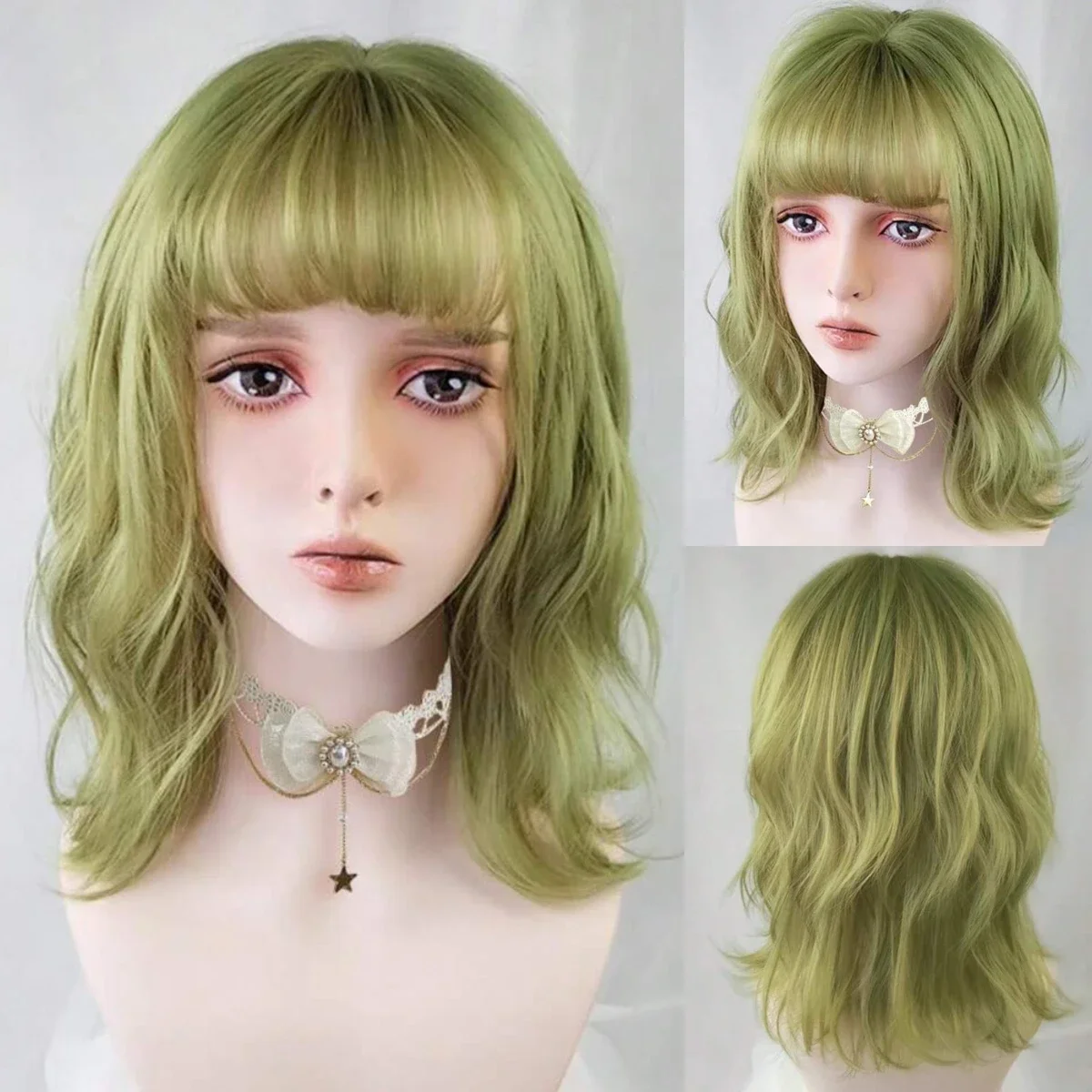 

Green Short Bob Synthetic Wig With Bangs Curly Role-playing Wig Women's African Wave Heat-resistant Hair.