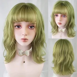 Green Short Bob Synthetic Wig With Bangs Curly Role-playing Wig Women's African Wave Heat-resistant Hair.